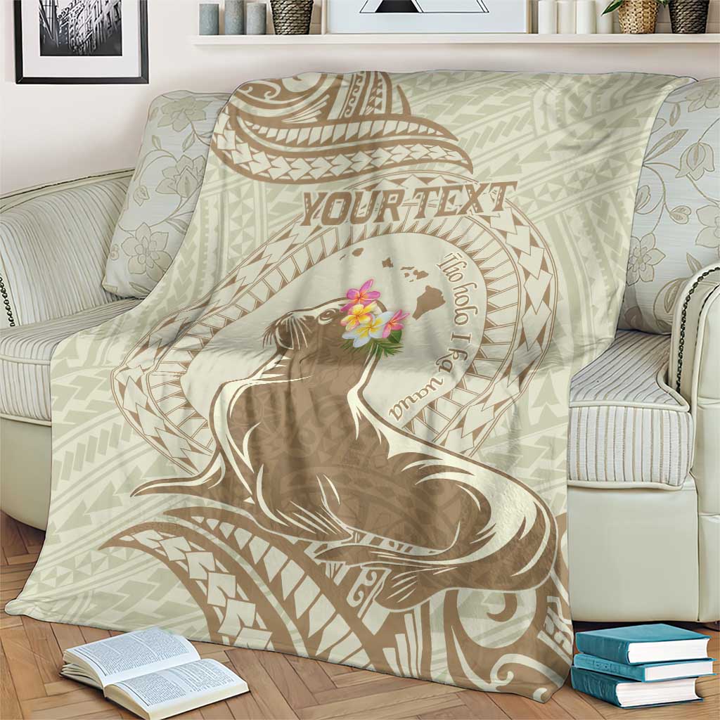 Personalised Hawaii Monk Seal Blanket Polynesian Tattoo With Tropical Flowers - Beige Pastel LT14 - Polynesian Pride