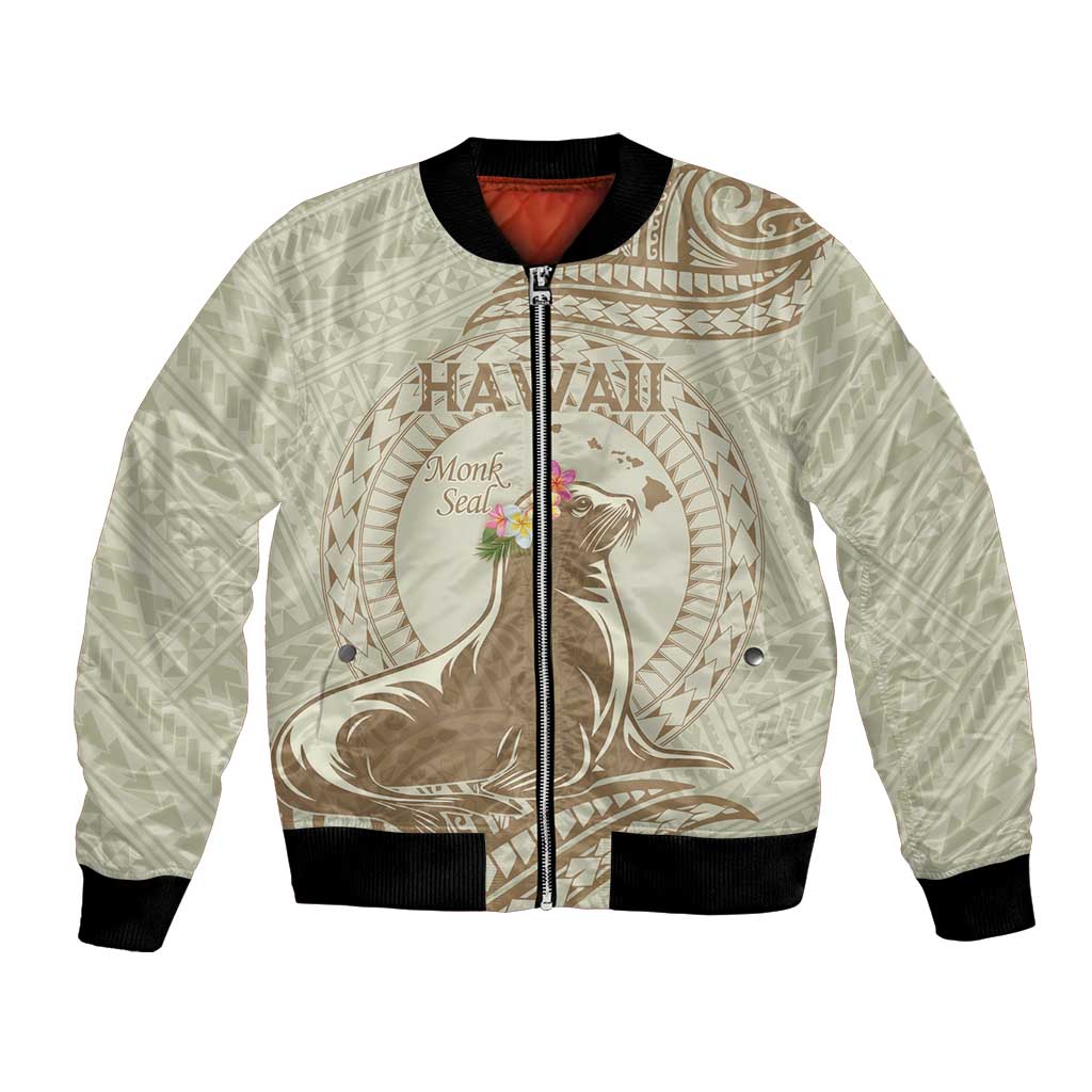 Personalised Hawaii Monk Seal Bomber Jacket Polynesian Tattoo With Tropical Flowers - Beige Pastel