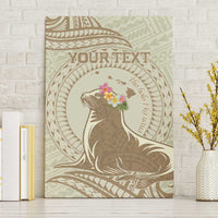 Personalised Hawaii Monk Seal Canvas Wall Art Polynesian Tattoo With Tropical Flowers - Beige Pastel LT14 Without Frame Beige - Polynesian Pride