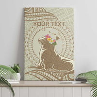 Personalised Hawaii Monk Seal Canvas Wall Art Polynesian Tattoo With Tropical Flowers - Beige Pastel LT14 - Polynesian Pride