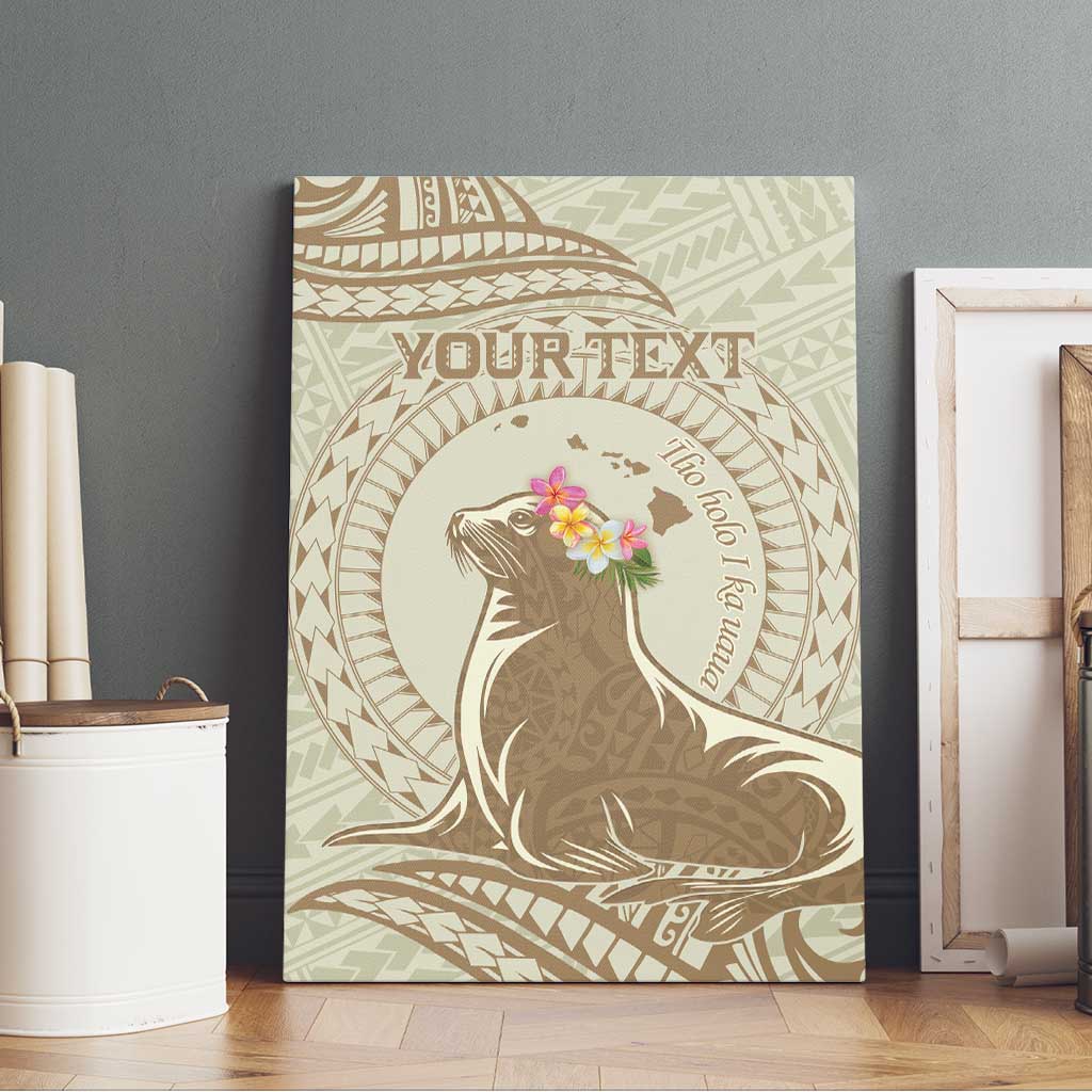 Personalised Hawaii Monk Seal Canvas Wall Art Polynesian Tattoo With Tropical Flowers - Beige Pastel LT14 - Polynesian Pride