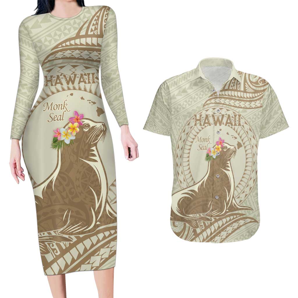 Personalised Hawaii Monk Seal Couples Matching Long Sleeve Bodycon Dress and Hawaiian Shirt Polynesian Tattoo With Tropical Flowers - Beige Pastel