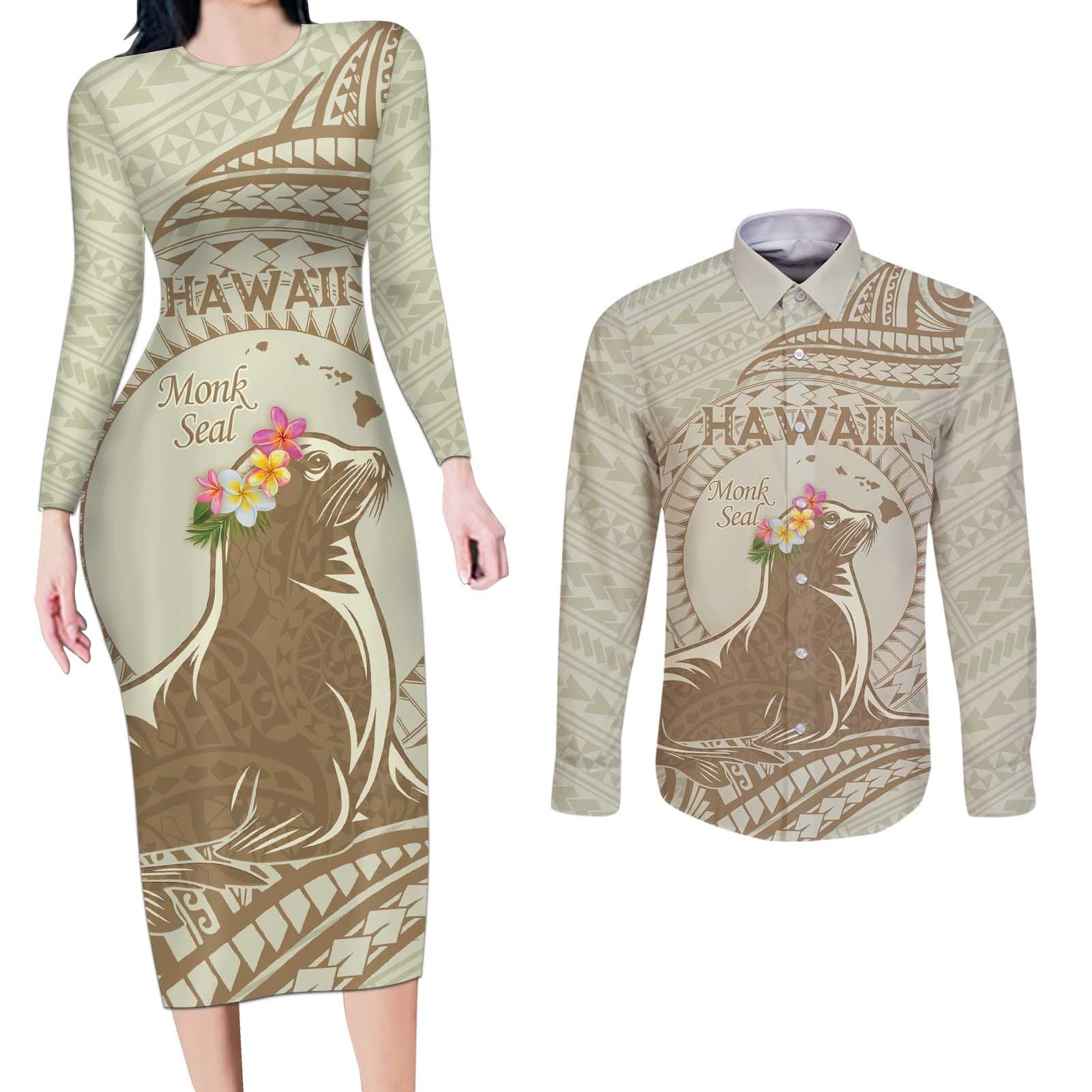 Personalised Hawaii Monk Seal Couples Matching Long Sleeve Bodycon Dress and Long Sleeve Button Shirt Polynesian Tattoo With Tropical Flowers - Beige Pastel