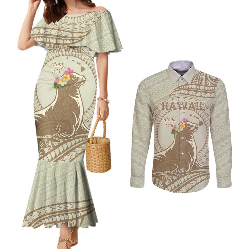 Personalised Hawaii Monk Seal Couples Matching Mermaid Dress and Long Sleeve Button Shirt Polynesian Tattoo With Tropical Flowers - Beige Pastel LT14 Beige - Polynesian Pride