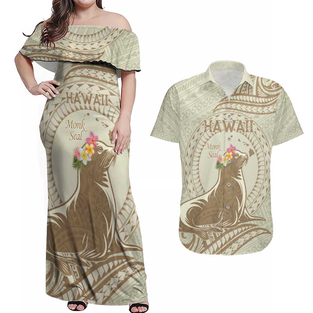 Personalised Hawaii Monk Seal Couples Matching Off Shoulder Maxi Dress and Hawaiian Shirt Polynesian Tattoo With Tropical Flowers - Beige Pastel