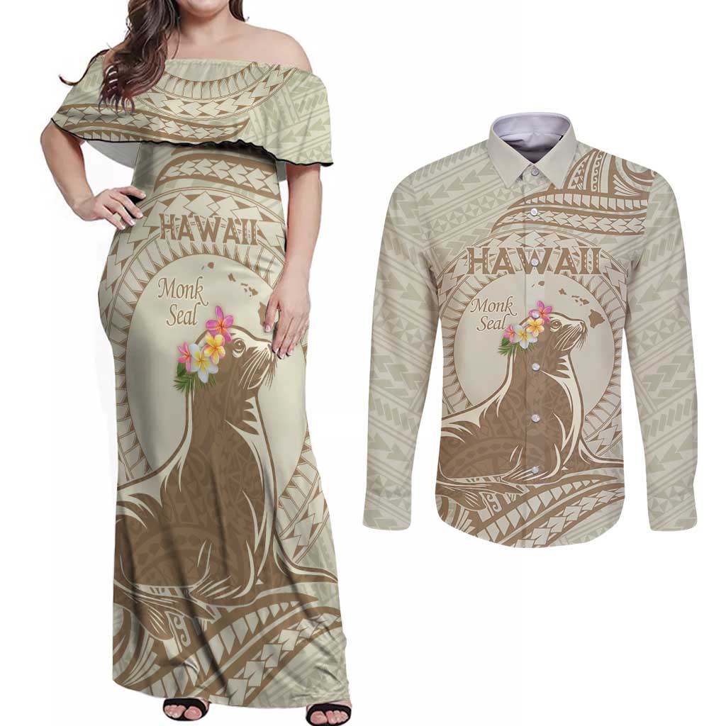 Personalised Hawaii Monk Seal Couples Matching Off Shoulder Maxi Dress and Long Sleeve Button Shirt Polynesian Tattoo With Tropical Flowers - Beige Pastel