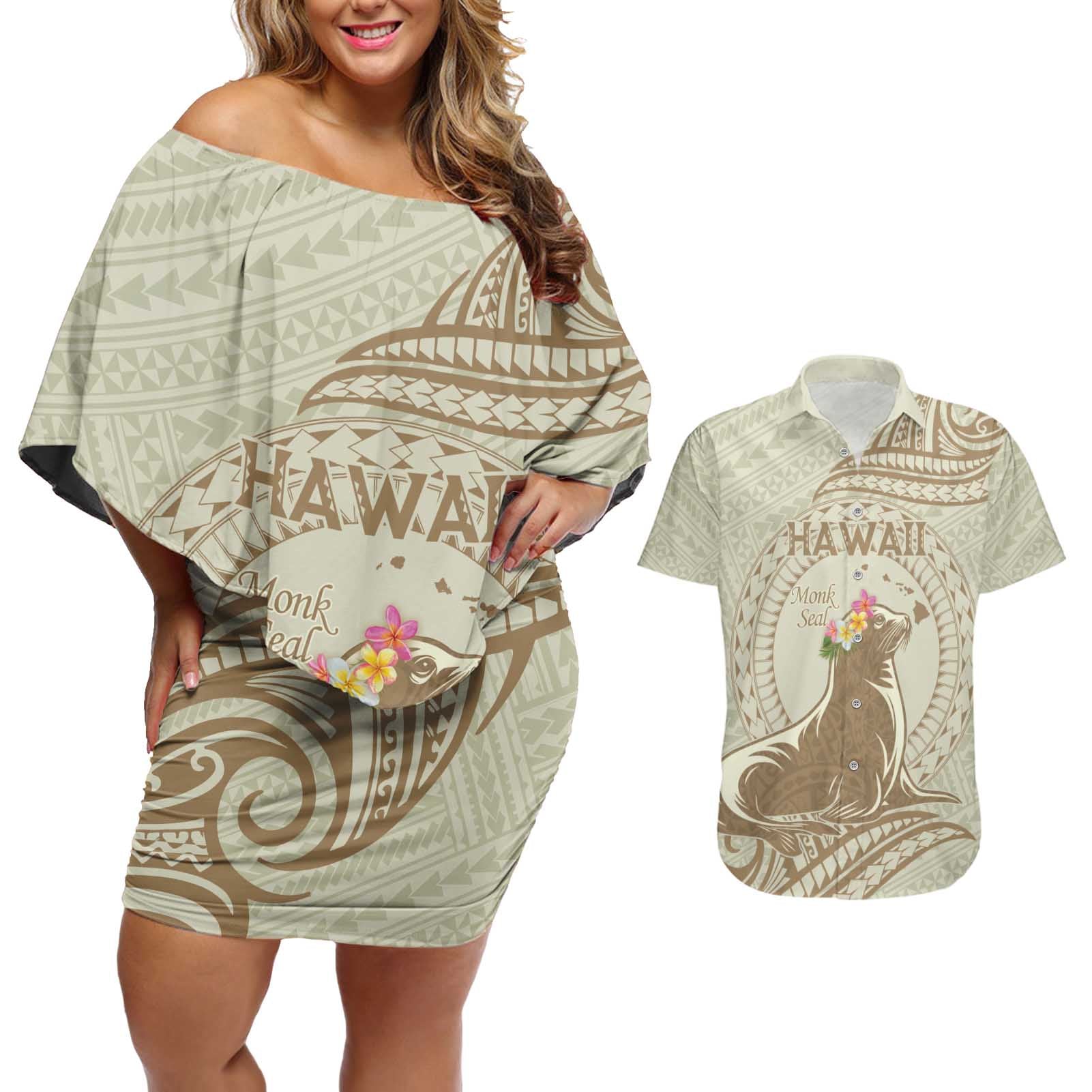 Personalised Hawaii Monk Seal Couples Matching Off Shoulder Short Dress and Hawaiian Shirt Polynesian Tattoo With Tropical Flowers - Beige Pastel