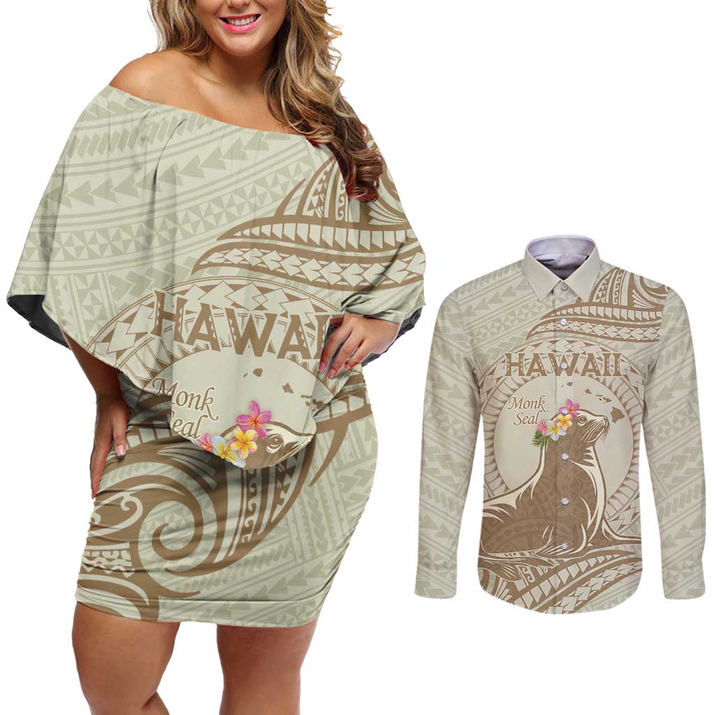 Personalised Hawaii Monk Seal Couples Matching Off Shoulder Short Dress and Long Sleeve Button Shirt Polynesian Tattoo With Tropical Flowers - Beige Pastel LT14 Beige - Polynesian Pride