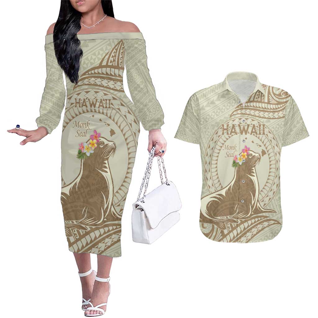 Personalised Hawaii Monk Seal Couples Matching Off The Shoulder Long Sleeve Dress and Hawaiian Shirt Polynesian Tattoo With Tropical Flowers - Beige Pastel