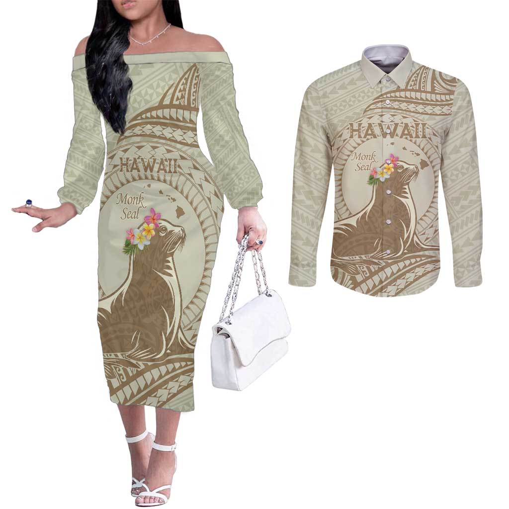 Personalised Hawaii Monk Seal Couples Matching Off The Shoulder Long Sleeve Dress and Long Sleeve Button Shirt Polynesian Tattoo With Tropical Flowers - Beige Pastel