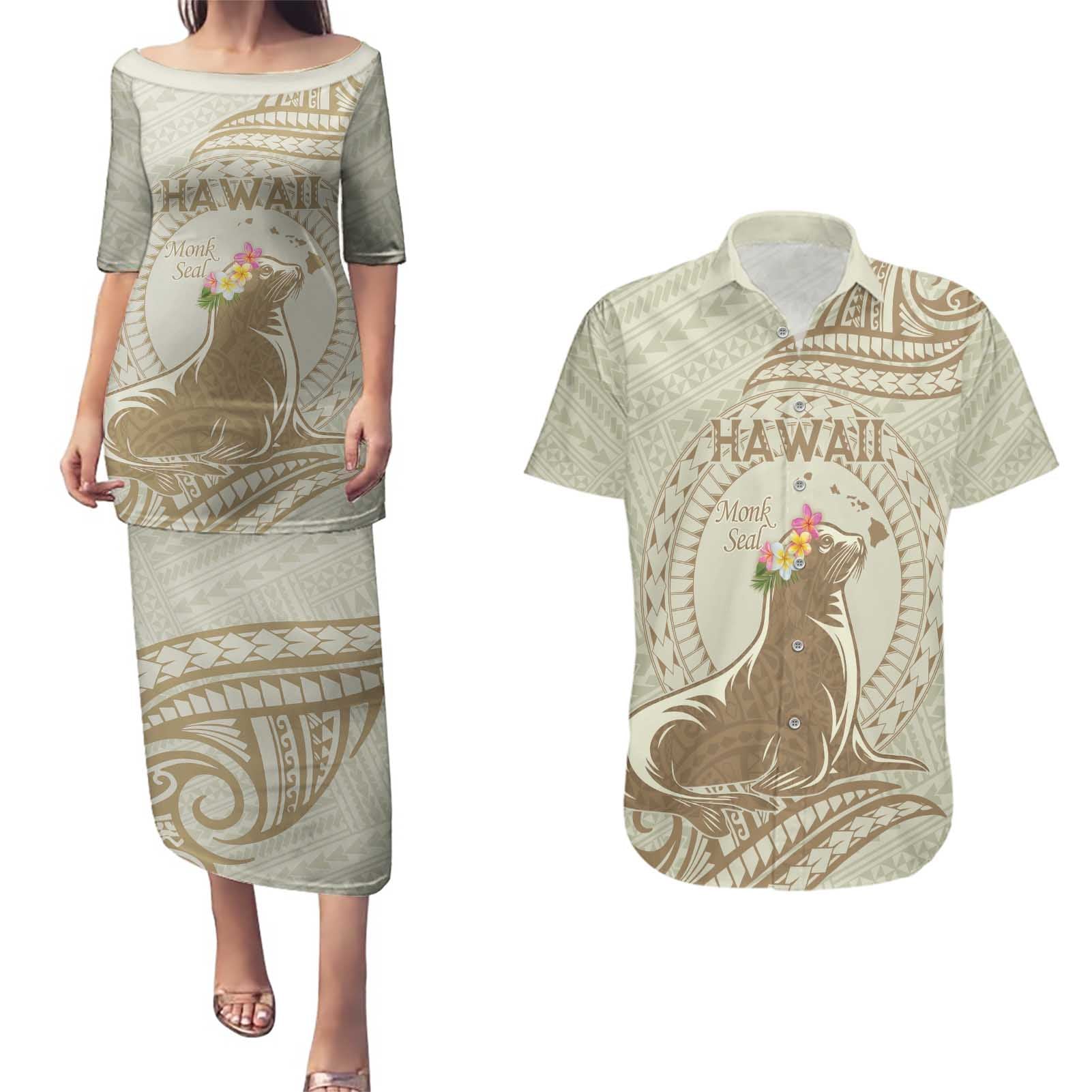 Personalised Hawaii Monk Seal Couples Matching Puletasi and Hawaiian Shirt Polynesian Tattoo With Tropical Flowers - Beige Pastel