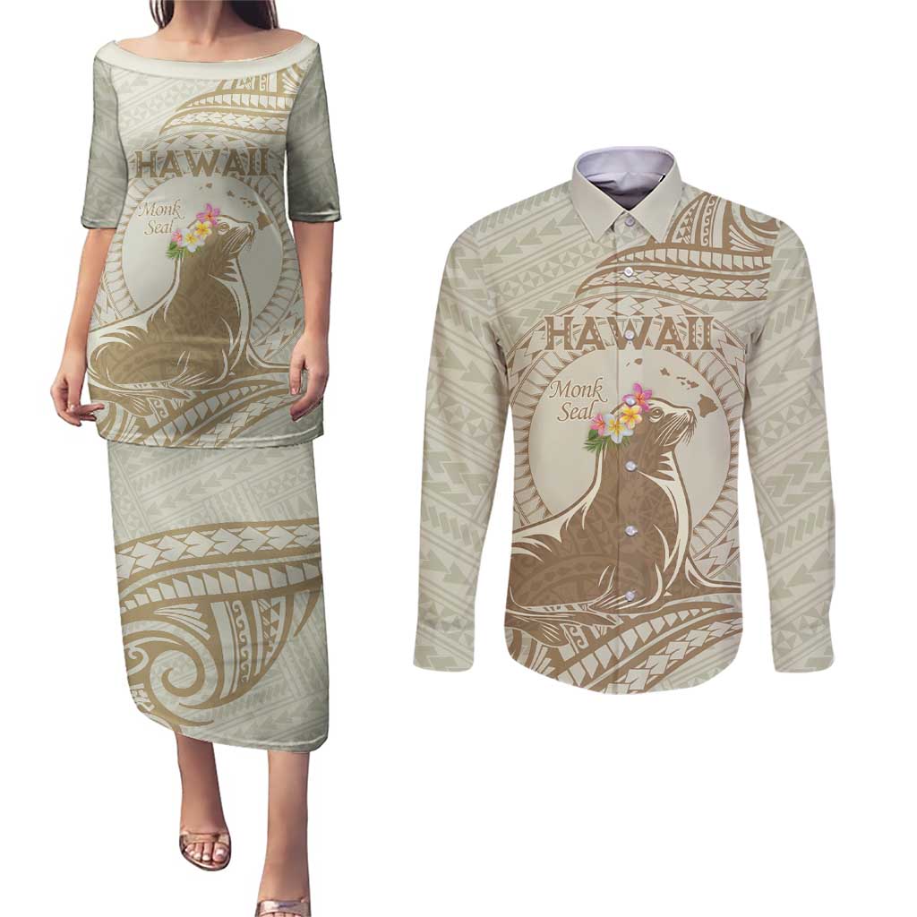 Personalised Hawaii Monk Seal Couples Matching Puletasi and Long Sleeve Button Shirt Polynesian Tattoo With Tropical Flowers - Beige Pastel LT14 Beige - Polynesian Pride