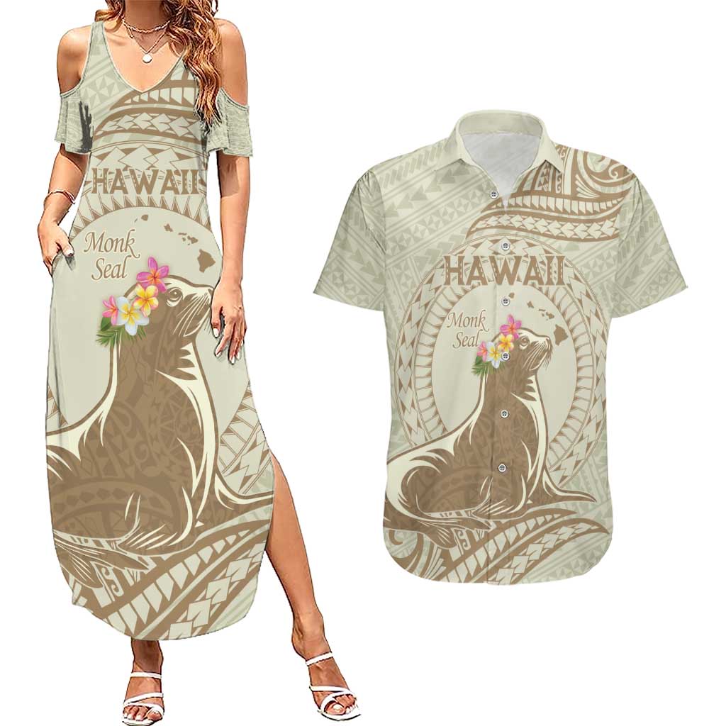 Personalised Hawaii Monk Seal Couples Matching Summer Maxi Dress and Hawaiian Shirt Polynesian Tattoo With Tropical Flowers - Beige Pastel LT14 Beige - Polynesian Pride