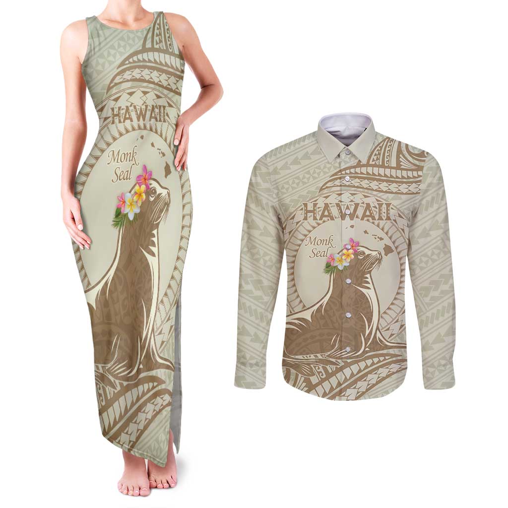 Personalised Hawaii Monk Seal Couples Matching Tank Maxi Dress and Long Sleeve Button Shirt Polynesian Tattoo With Tropical Flowers - Beige Pastel