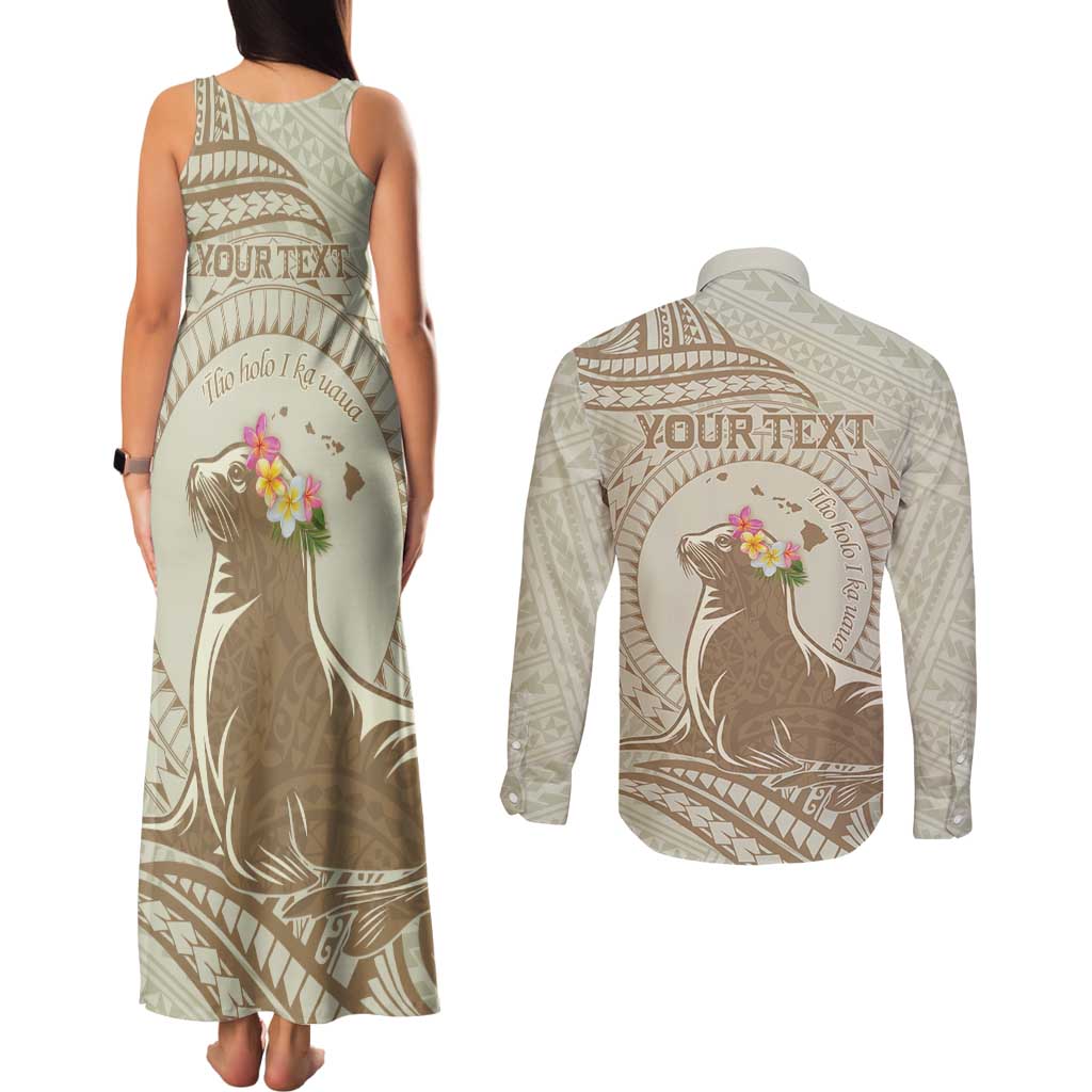 Personalised Hawaii Monk Seal Couples Matching Tank Maxi Dress and Long Sleeve Button Shirt Polynesian Tattoo With Tropical Flowers - Beige Pastel LT14 - Polynesian Pride