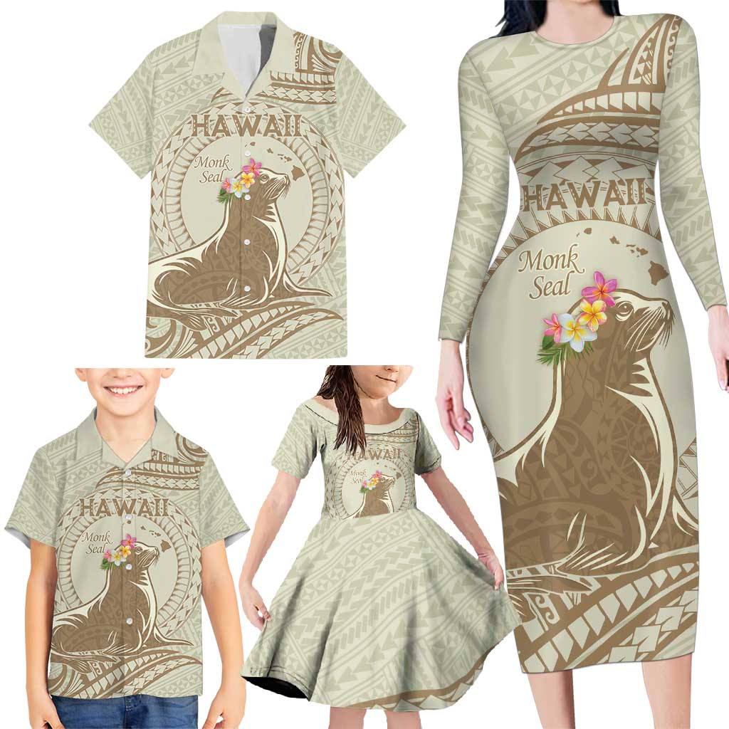 Personalised Hawaii Monk Seal Family Matching Long Sleeve Bodycon Dress and Hawaiian Shirt Polynesian Tattoo With Tropical Flowers - Beige Pastel