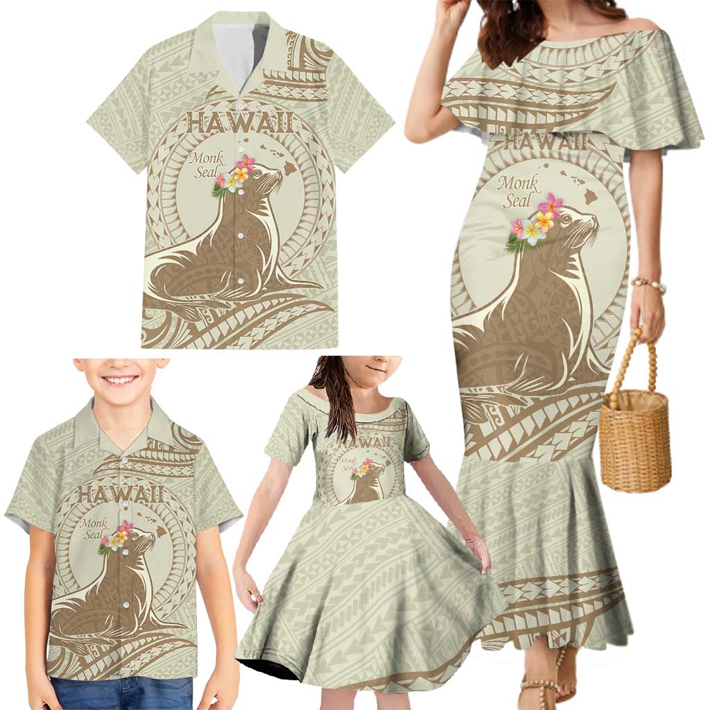 Personalised Hawaii Monk Seal Family Matching Mermaid Dress and Hawaiian Shirt Polynesian Tattoo With Tropical Flowers - Beige Pastel