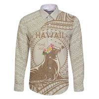 Personalised Hawaii Monk Seal Family Matching Mermaid Dress and Hawaiian Shirt Polynesian Tattoo With Tropical Flowers - Beige Pastel
