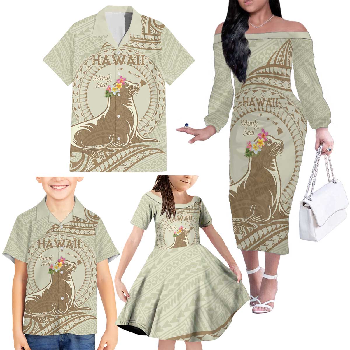 Personalised Hawaii Monk Seal Family Matching Off The Shoulder Long Sleeve Dress and Hawaiian Shirt Polynesian Tattoo With Tropical Flowers - Beige Pastel