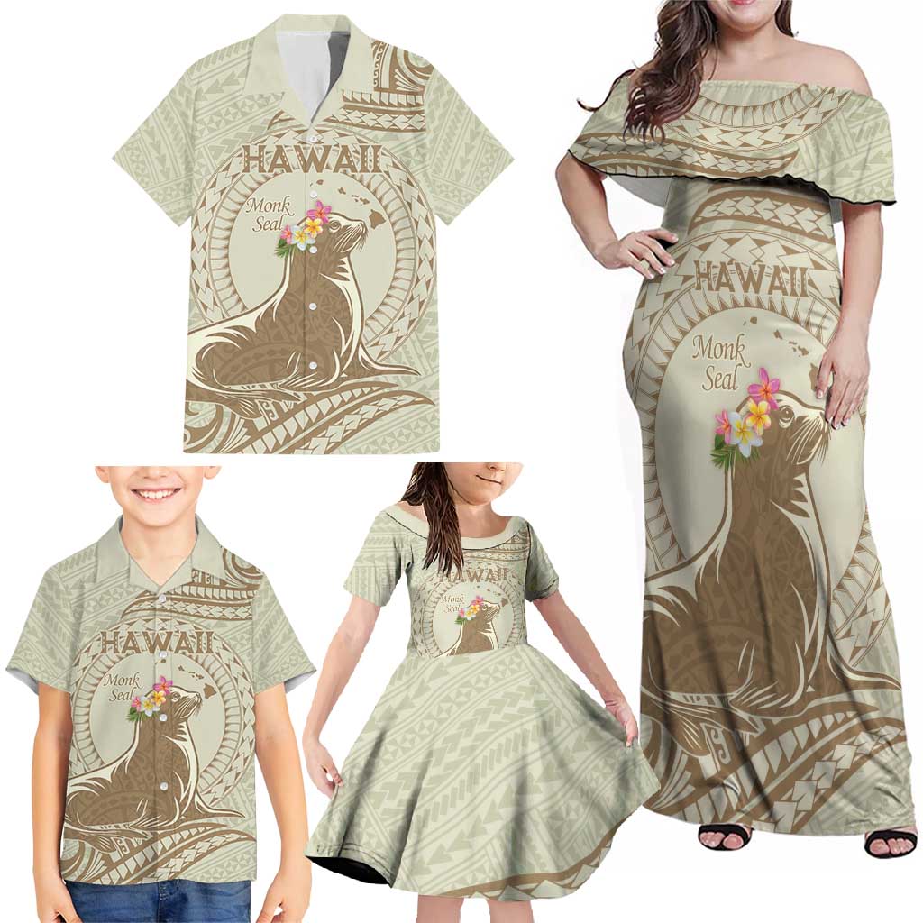 Personalised Hawaii Monk Seal Family Matching Off Shoulder Maxi Dress and Hawaiian Shirt Polynesian Tattoo With Tropical Flowers - Beige Pastel