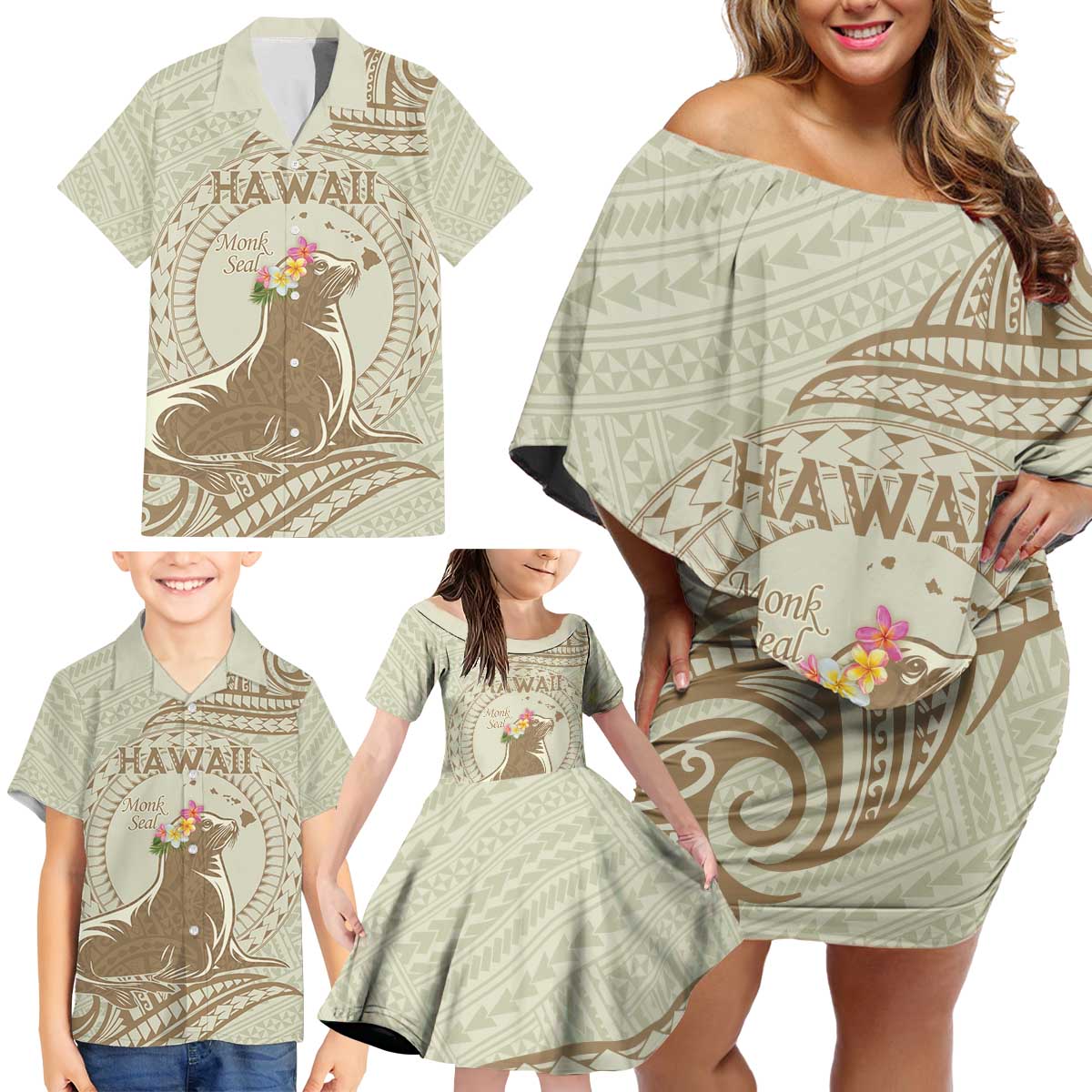 Personalised Hawaii Monk Seal Family Matching Off Shoulder Short Dress and Hawaiian Shirt Polynesian Tattoo With Tropical Flowers - Beige Pastel