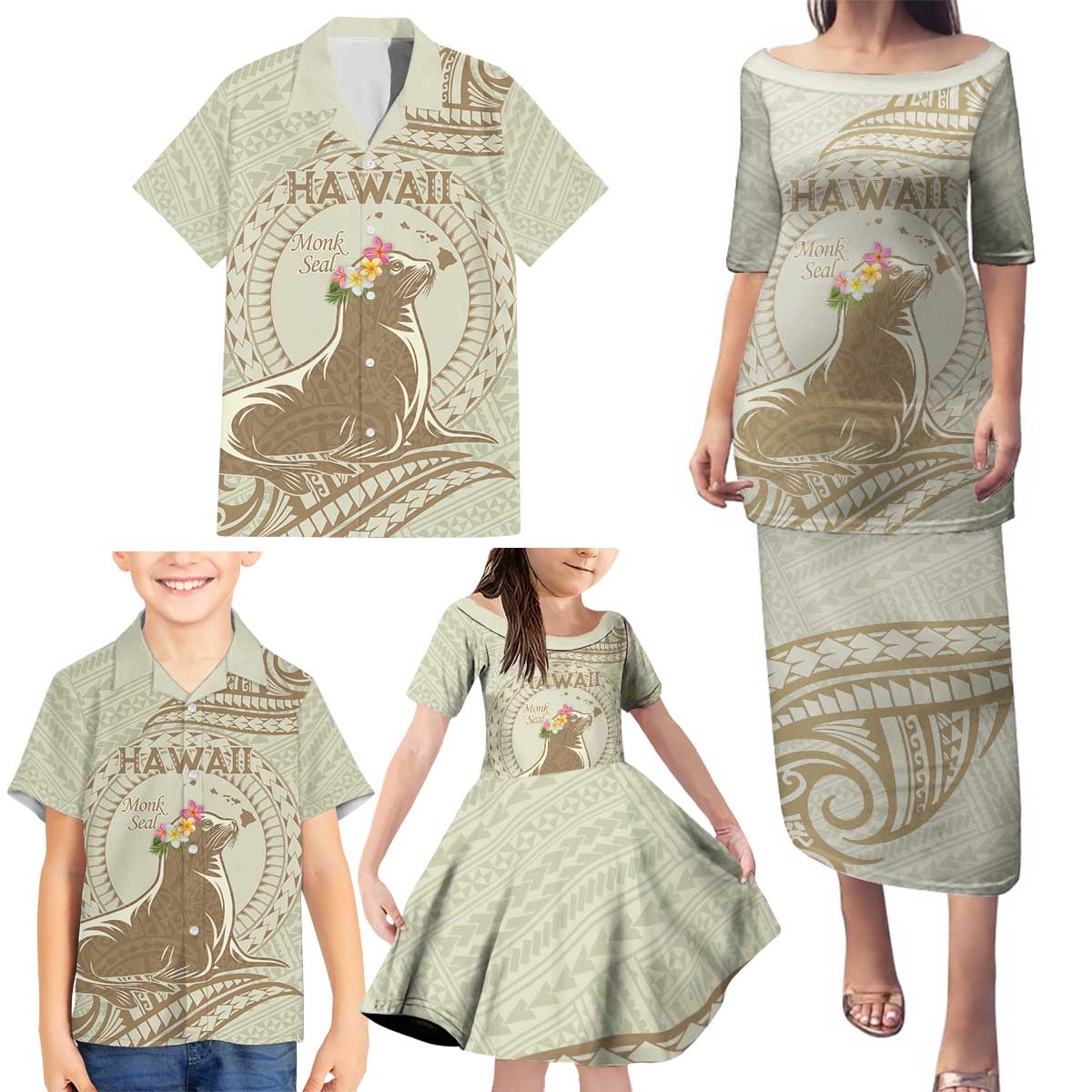 Personalised Hawaii Monk Seal Family Matching Puletasi and Hawaiian Shirt Polynesian Tattoo With Tropical Flowers - Beige Pastel