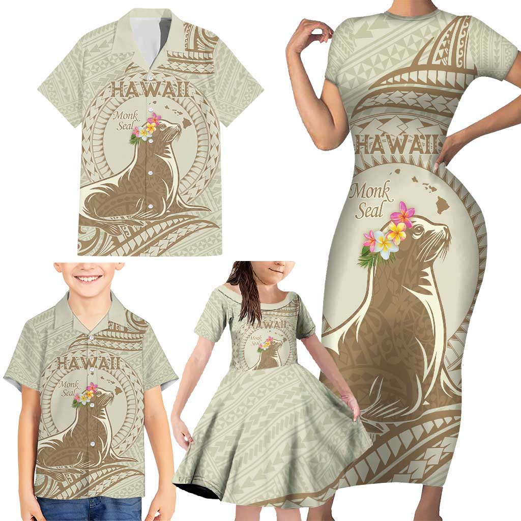 Personalised Hawaii Monk Seal Family Matching Short Sleeve Bodycon Dress and Hawaiian Shirt Polynesian Tattoo With Tropical Flowers - Beige Pastel