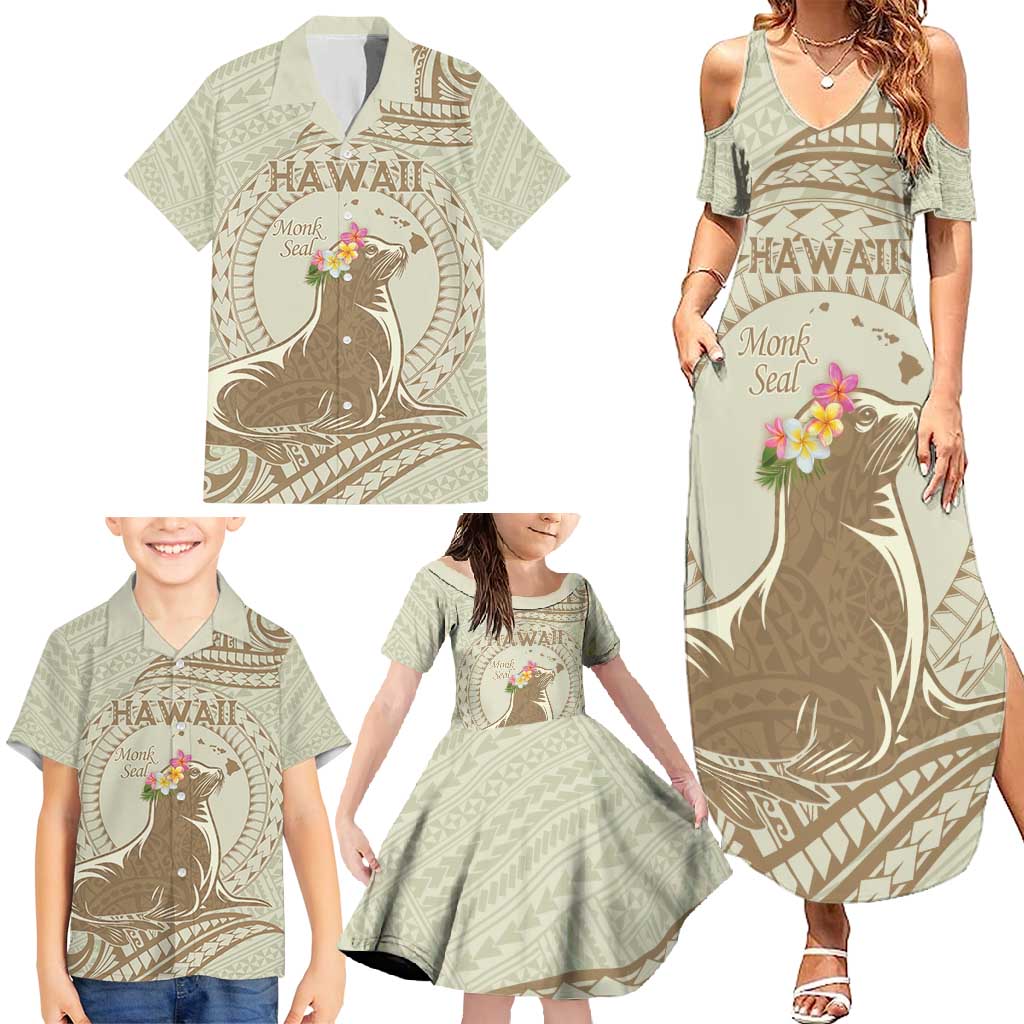 Personalised Hawaii Monk Seal Family Matching Summer Maxi Dress and Hawaiian Shirt Polynesian Tattoo With Tropical Flowers - Beige Pastel