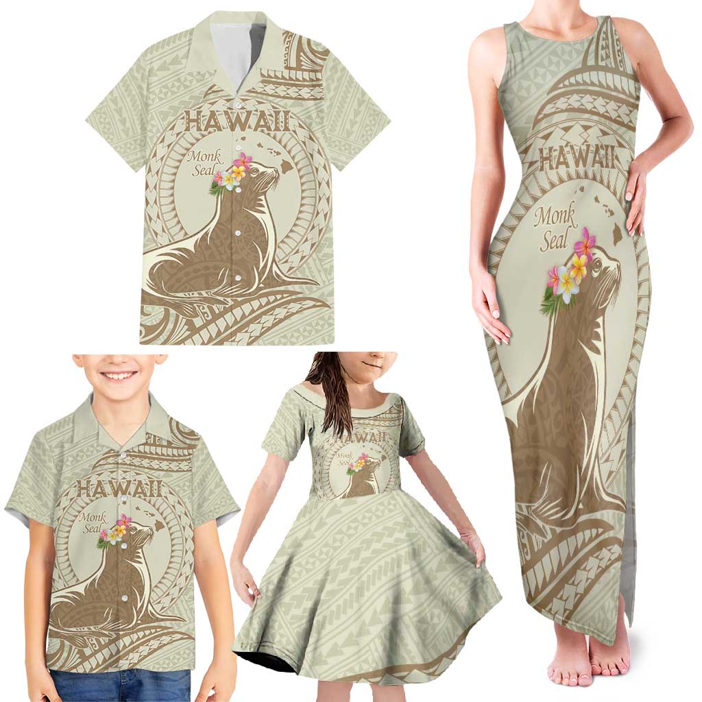Personalised Hawaii Monk Seal Family Matching Tank Maxi Dress and Hawaiian Shirt Polynesian Tattoo With Tropical Flowers - Beige Pastel