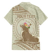 Personalised Hawaii Monk Seal Family Matching Tank Maxi Dress and Hawaiian Shirt Polynesian Tattoo With Tropical Flowers - Beige Pastel LT14 - Polynesian Pride