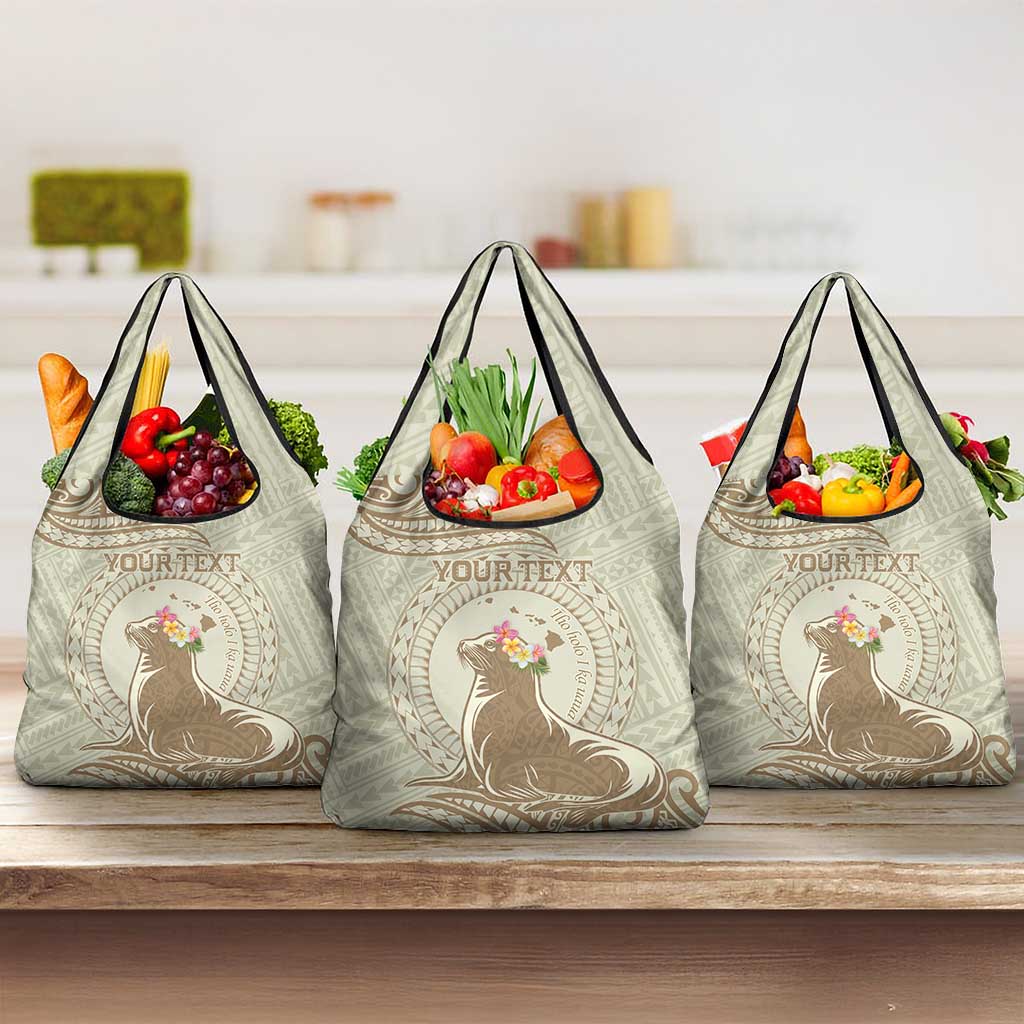 Personalised Hawaii Monk Seal Grocery Bag Polynesian Tattoo With Tropical Flowers - Beige Pastel LT14 3-pack One Size Beige - Polynesian Pride
