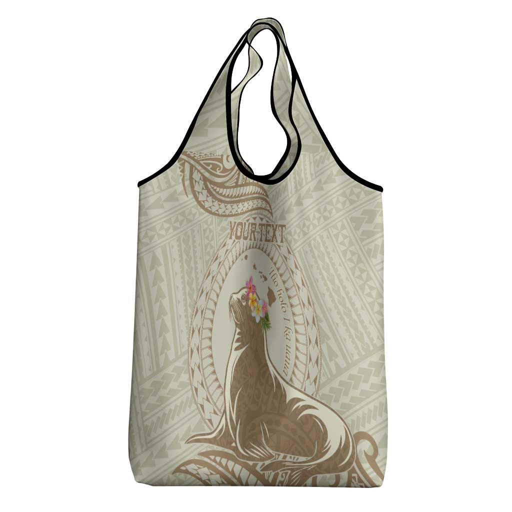 Personalised Hawaii Monk Seal Grocery Bag Polynesian Tattoo With Tropical Flowers - Beige Pastel LT14 - Polynesian Pride