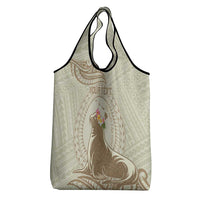 Personalised Hawaii Monk Seal Grocery Bag Polynesian Tattoo With Tropical Flowers - Beige Pastel LT14 - Polynesian Pride
