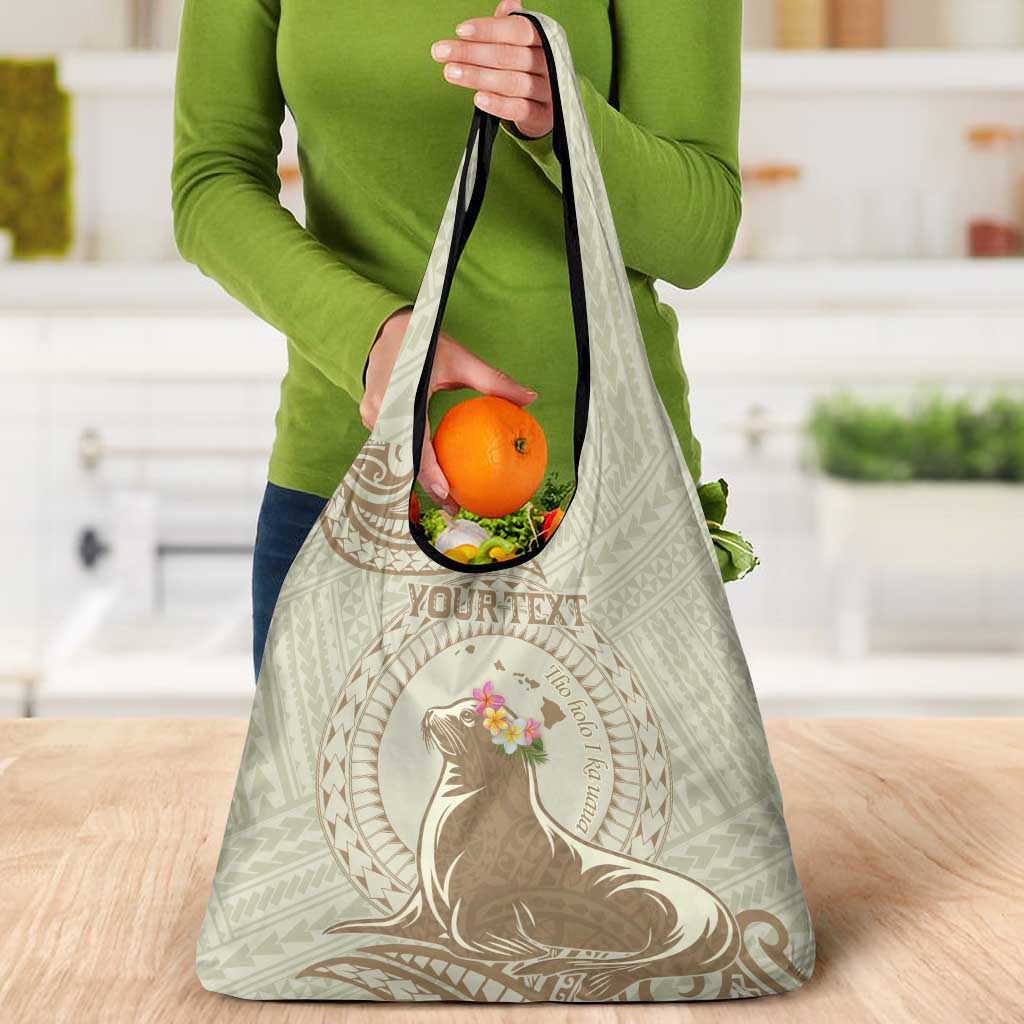 Personalised Hawaii Monk Seal Grocery Bag Polynesian Tattoo With Tropical Flowers - Beige Pastel LT14 - Polynesian Pride
