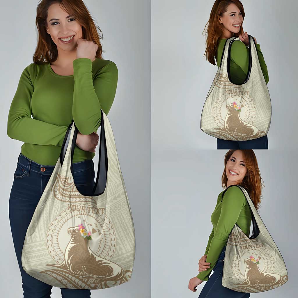 Personalised Hawaii Monk Seal Grocery Bag Polynesian Tattoo With Tropical Flowers - Beige Pastel LT14 - Polynesian Pride