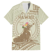 Personalised Hawaii Monk Seal Hawaiian Shirt Polynesian Tattoo With Tropical Flowers - Beige Pastel LT14 Beige - Polynesian Pride