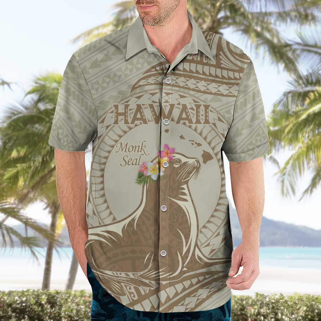 Personalised Hawaii Monk Seal Hawaiian Shirt Polynesian Tattoo With Tropical Flowers - Beige Pastel LT14 - Polynesian Pride