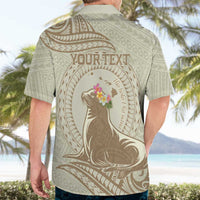 Personalised Hawaii Monk Seal Hawaiian Shirt Polynesian Tattoo With Tropical Flowers - Beige Pastel LT14 - Polynesian Pride