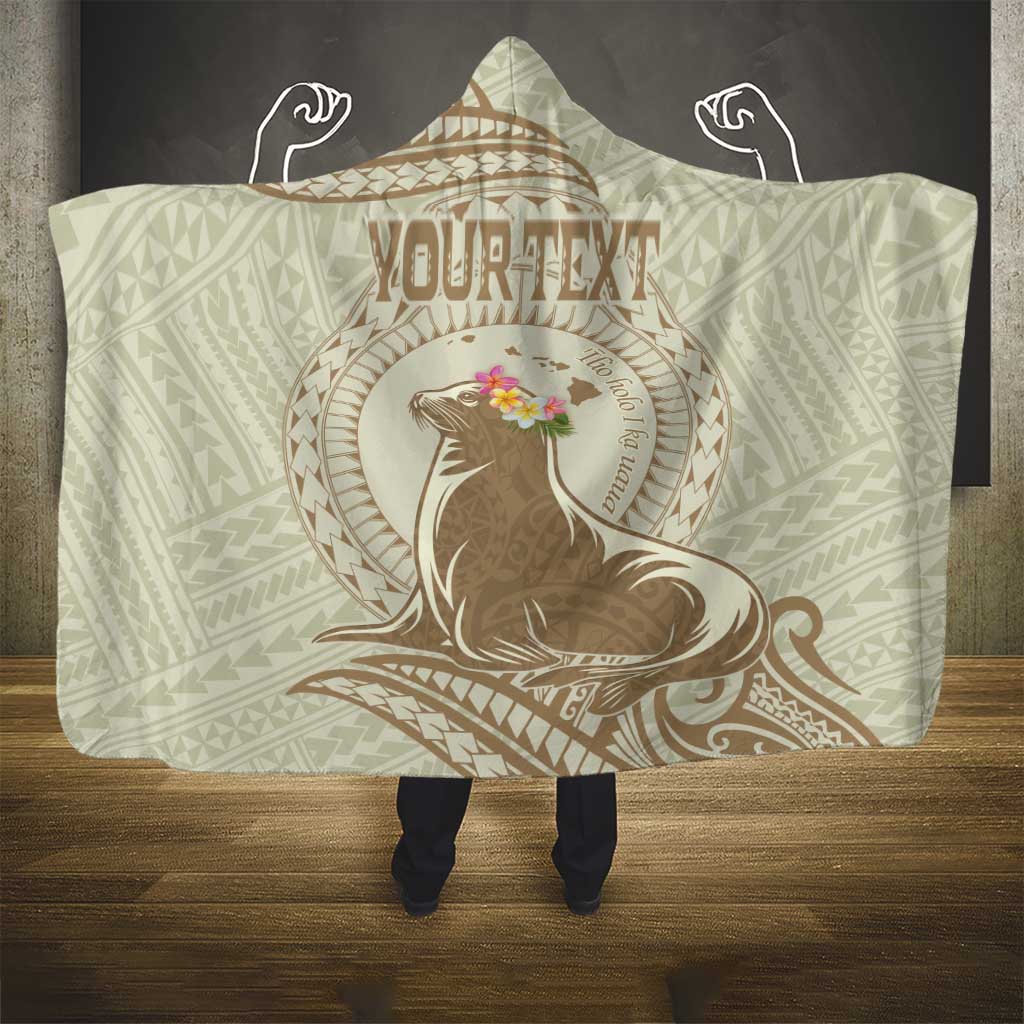 Personalised Hawaii Monk Seal Hooded Blanket Polynesian Tattoo With Tropical Flowers - Beige Pastel LT14 - Polynesian Pride