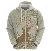 Personalised Hawaii Monk Seal Hoodie Polynesian Tattoo With Tropical Flowers - Beige Pastel