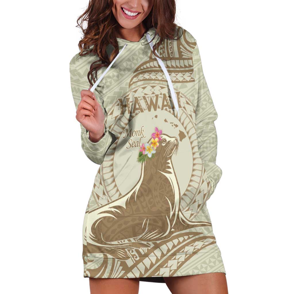 Personalised Hawaii Monk Seal Hoodie Dress Polynesian Tattoo With Tropical Flowers - Beige Pastel LT14 Beige - Polynesian Pride
