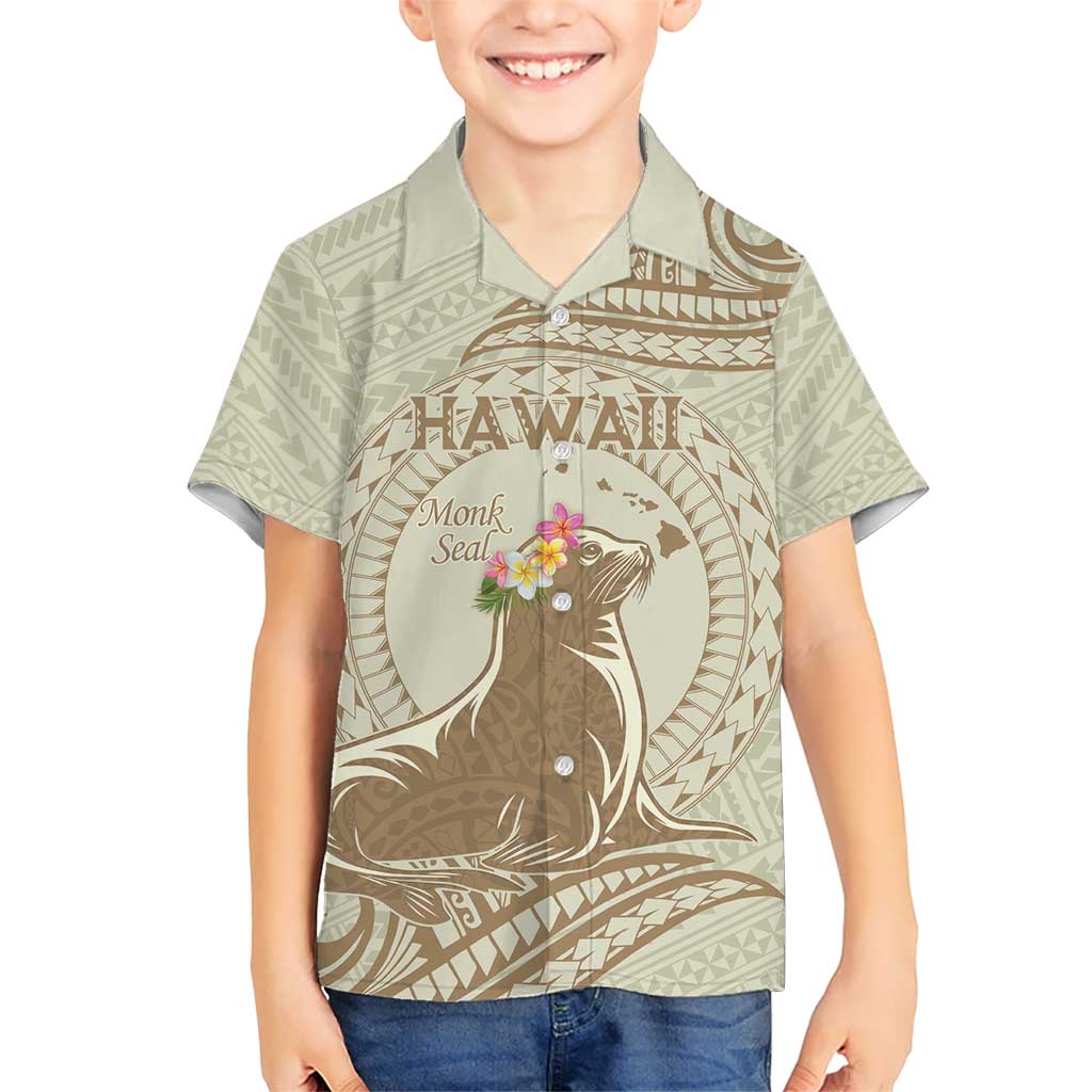 Personalised Hawaii Monk Seal Kid Hawaiian Shirt Polynesian Tattoo With Tropical Flowers - Beige Pastel