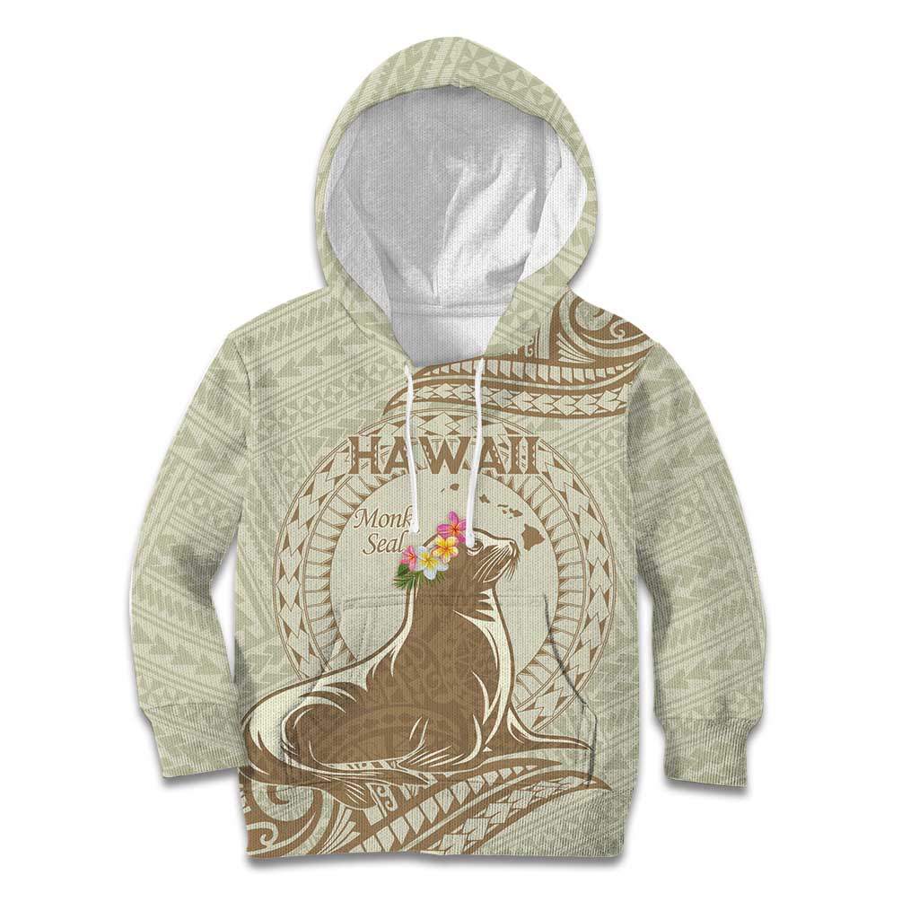 Personalised Hawaii Monk Seal Kid Hoodie Polynesian Tattoo With Tropical Flowers - Beige Pastel