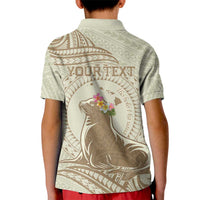 Personalised Hawaii Monk Seal Kid Polo Shirt Polynesian Tattoo With Tropical Flowers - Beige Pastel