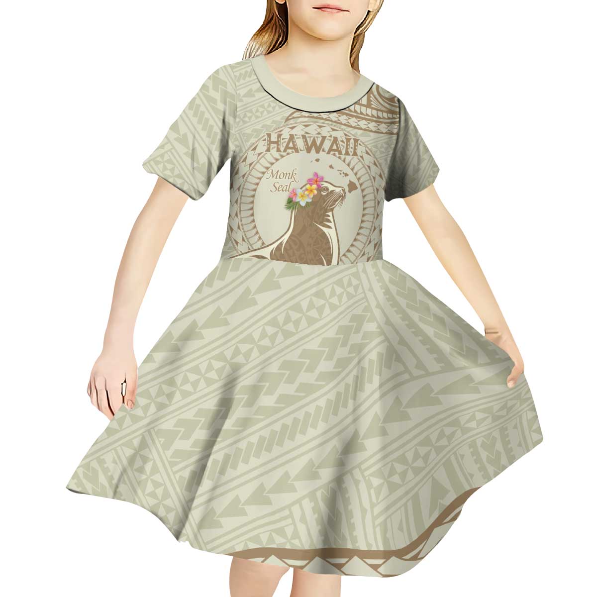 Personalised Hawaii Monk Seal Kid Short Sleeve Dress Polynesian Tattoo With Tropical Flowers - Beige Pastel