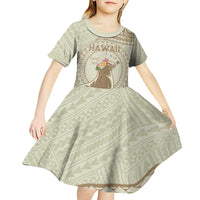 Personalised Hawaii Monk Seal Kid Short Sleeve Dress Polynesian Tattoo With Tropical Flowers - Beige Pastel