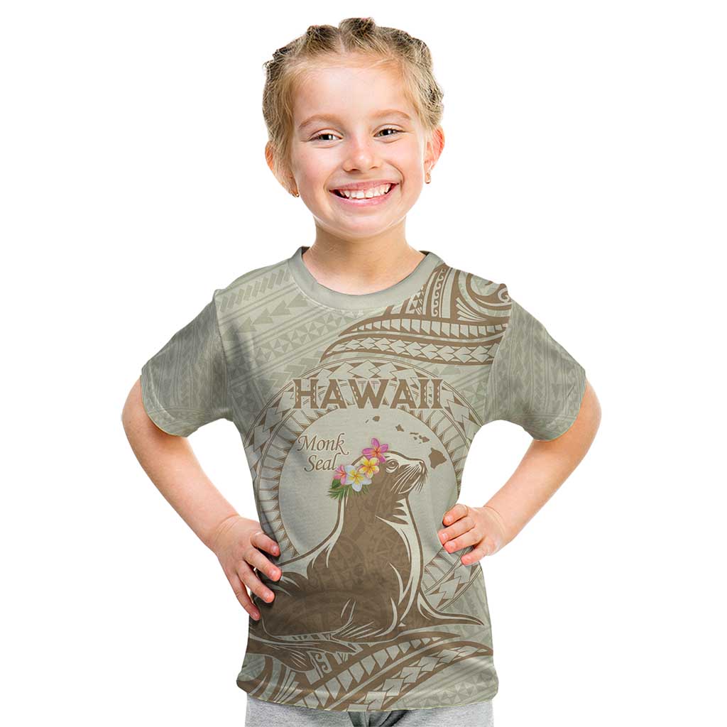 Personalised Hawaii Monk Seal Kid T Shirt Polynesian Tattoo With Tropical Flowers - Beige Pastel