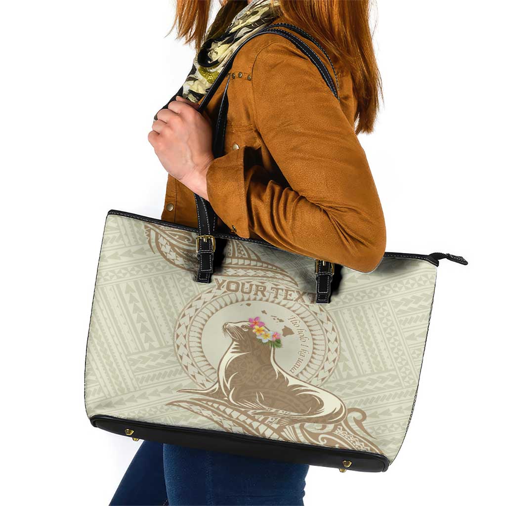 Personalised Hawaii Monk Seal Leather Tote Bag Polynesian Tattoo With Tropical Flowers - Beige Pastel LT14 Beige - Polynesian Pride