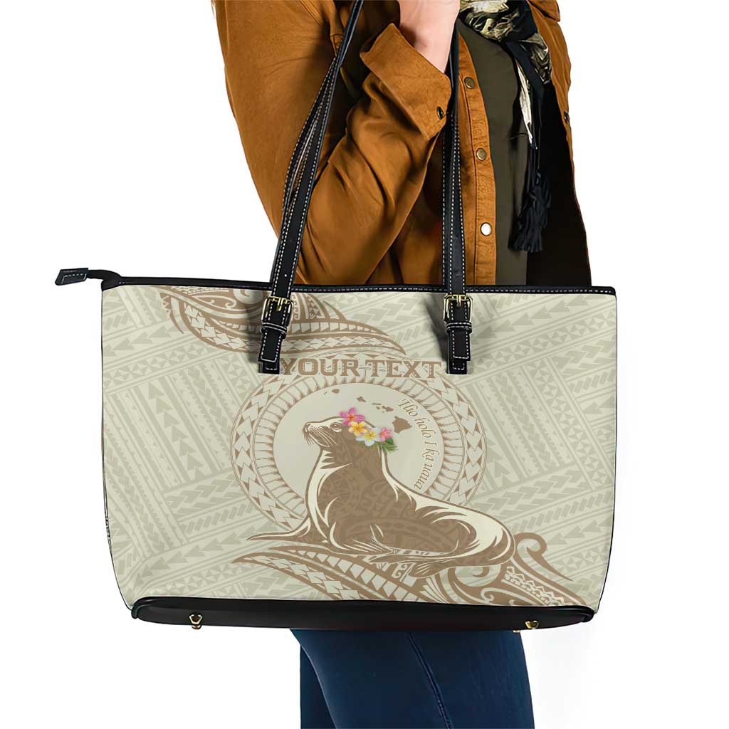 Personalised Hawaii Monk Seal Leather Tote Bag Polynesian Tattoo With Tropical Flowers - Beige Pastel LT14 - Polynesian Pride