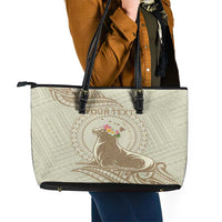 Personalised Hawaii Monk Seal Leather Tote Bag Polynesian Tattoo With Tropical Flowers - Beige Pastel LT14 - Polynesian Pride